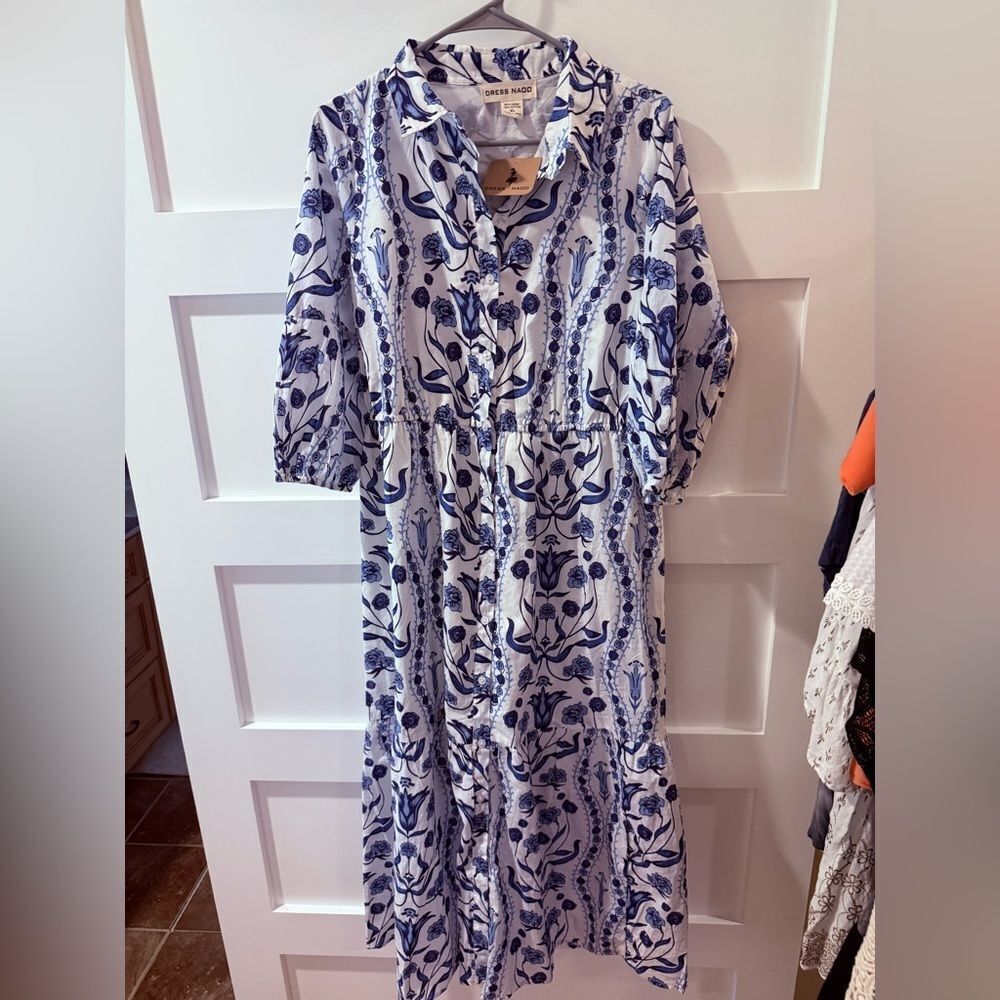 New Dress Naoo Blue Floral button boho Maxi Dress size xl with 3/4 sleeves